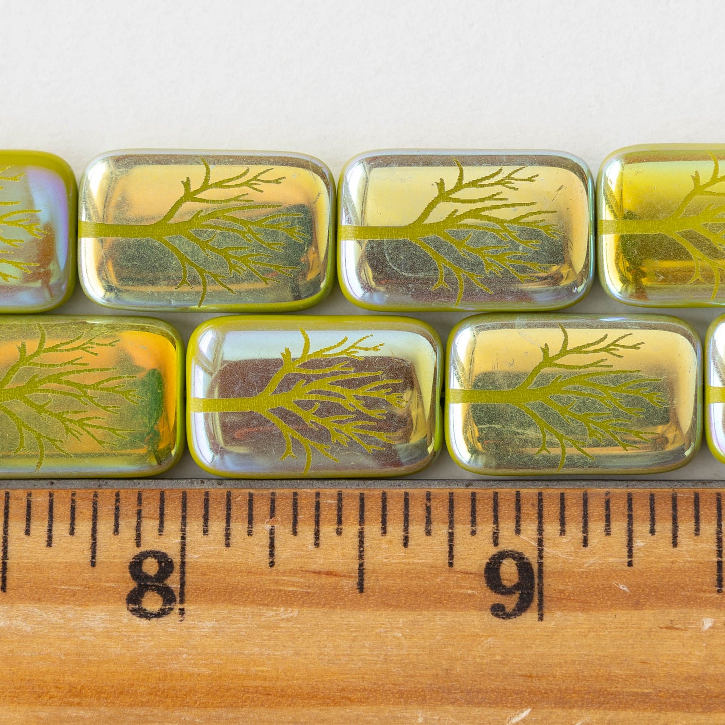 19mm Laser Etched Rectangle Beads - Green AB with Tree - 6 Beads