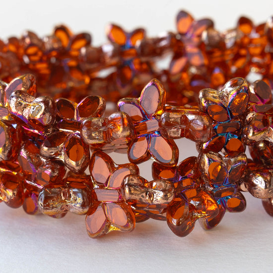 Glass Butterfly Beads - Orange with Irridescent Copper - 4 beads