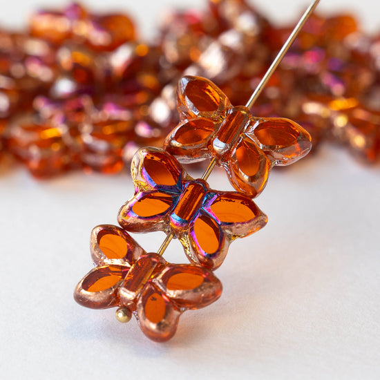 Glass Butterfly Beads - Orange with Irridescent Copper - 4 beads