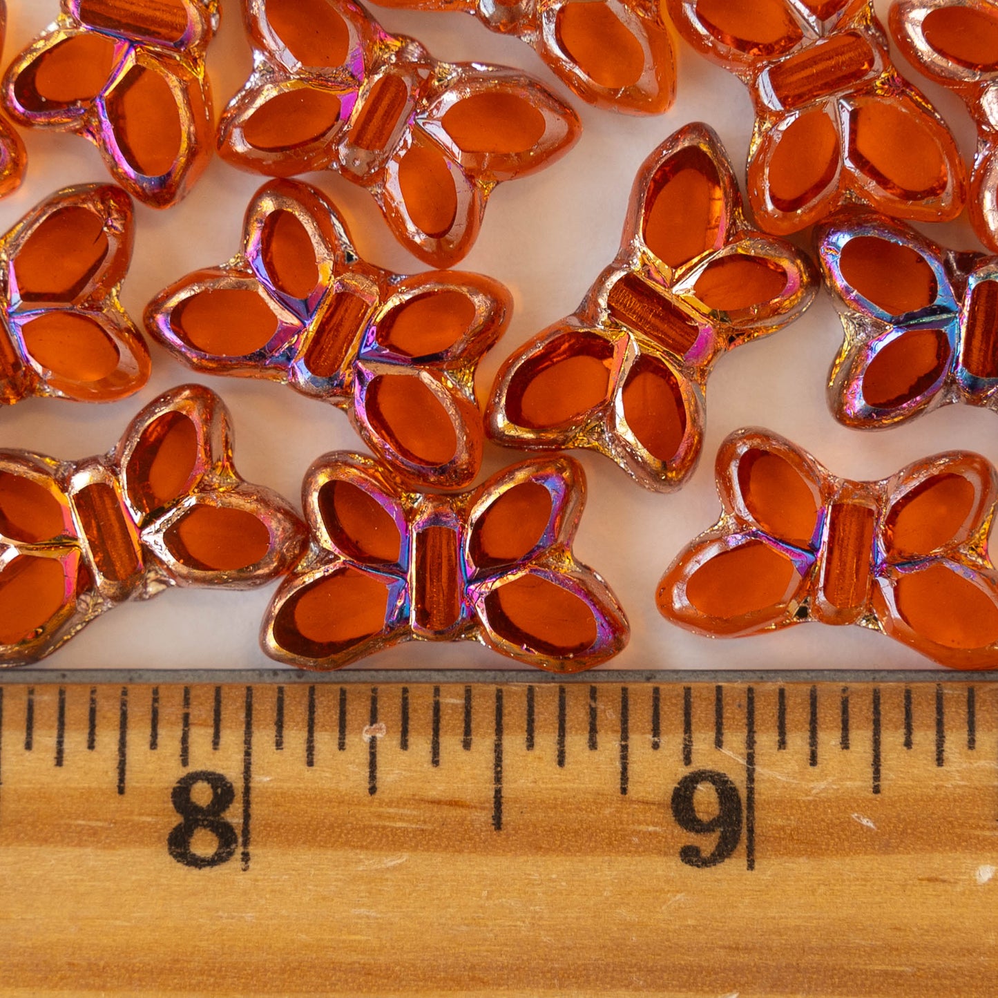 Glass Butterfly Beads - Orange with Irridescent Copper - 4 beads