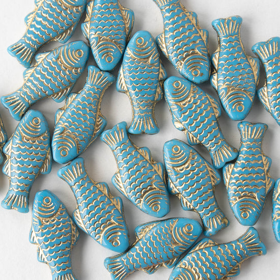 Glass Fish Beads - Teal with Gold Wash - 6 or 12