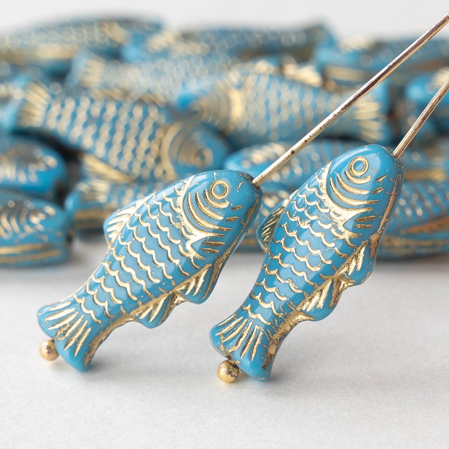 Glass Fish Beads - Teal with Gold Wash - 6 or 12