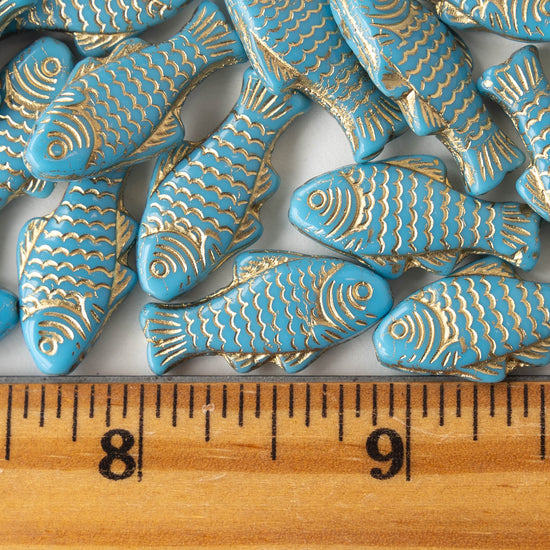 Glass Fish Beads - Teal with Gold Wash - 6 or 12