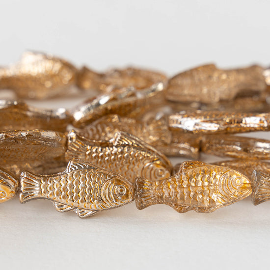 Glass Fish Beads - Crystal with Gold - 6 fish