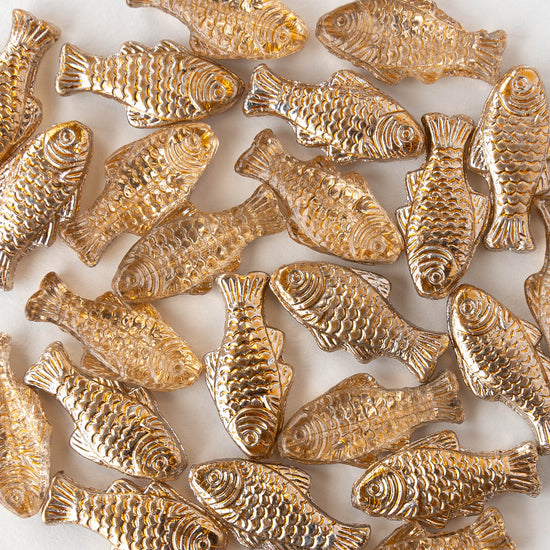 Glass Fish Beads - Crystal with Gold - 6 fish