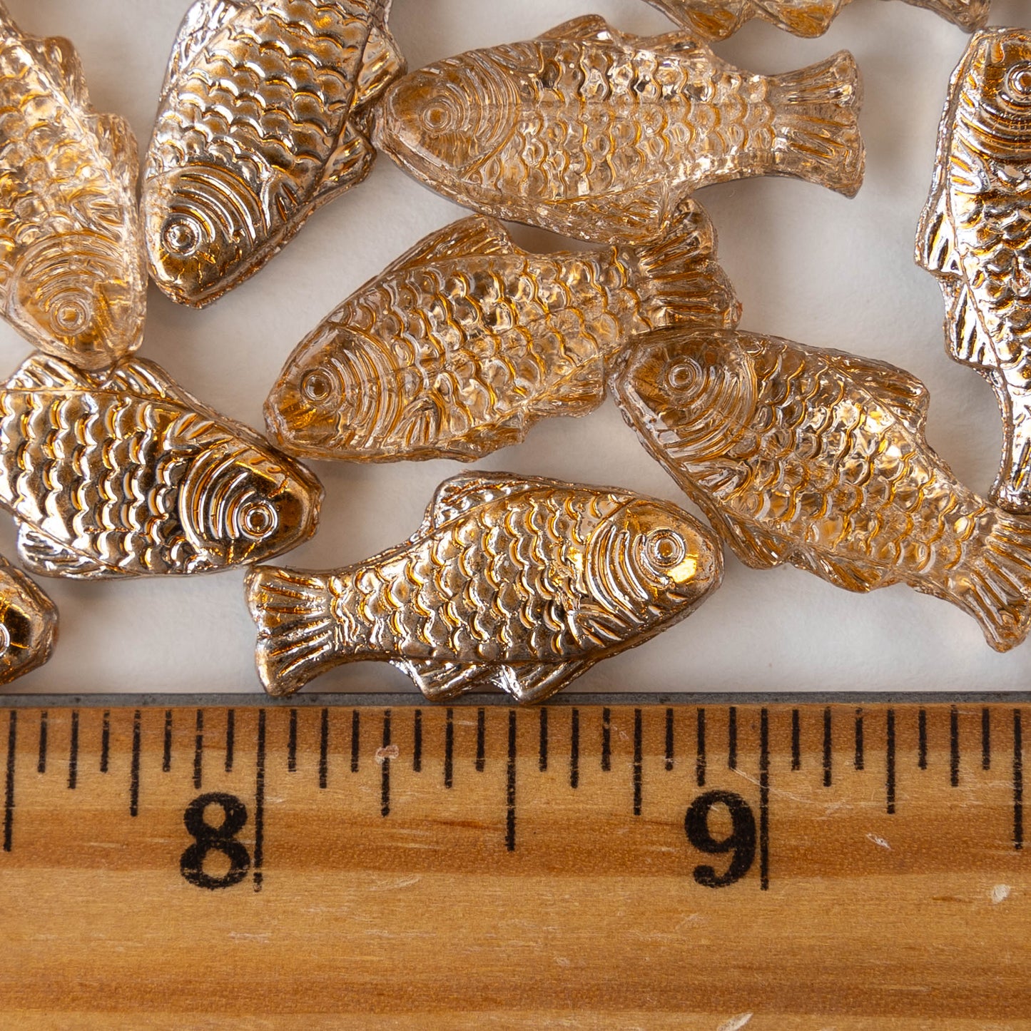 Glass Fish Beads - Crystal with Gold - 6 fish