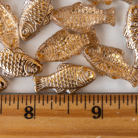 Glass Fish Beads - Crystal with Gold - 6 fish