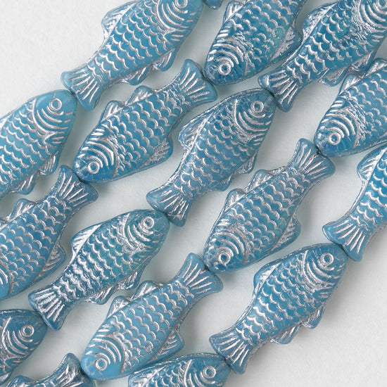 Glass Fish Beads - Blue with Silver Wash - 6 beads