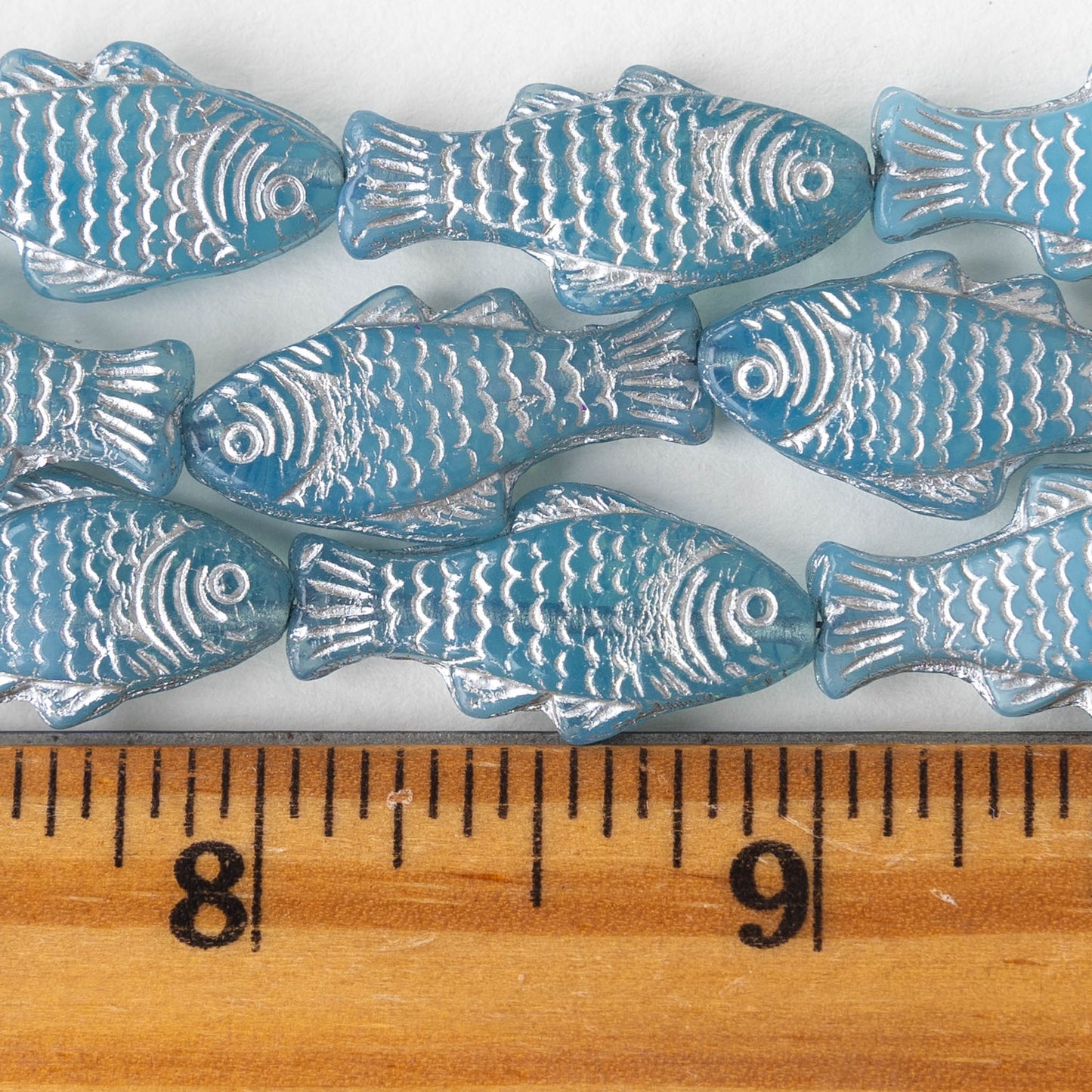 Glass Fish Beads - Blue with Silver Wash - 6 beads