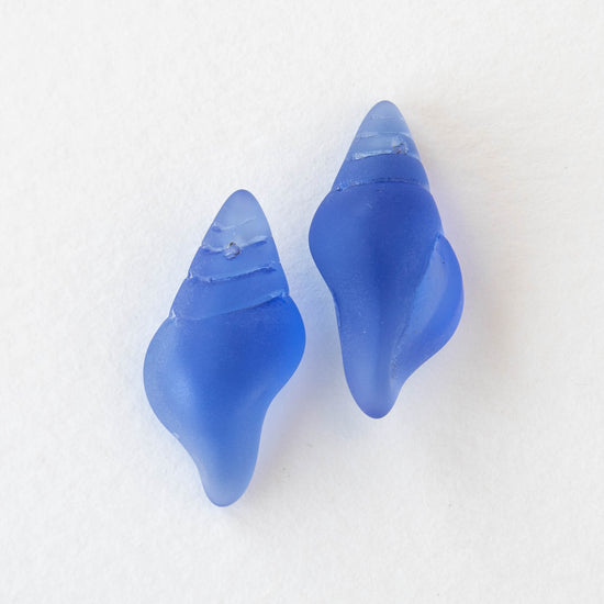 12x26mm Frosted Glass Conch Shell Beads - Sapphire Blue - 2 Beads