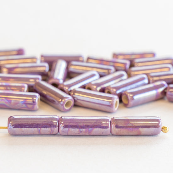 6x17mm Glazed Ceramic Tube Beads - Iridescent Purple Passion - 8 or 24