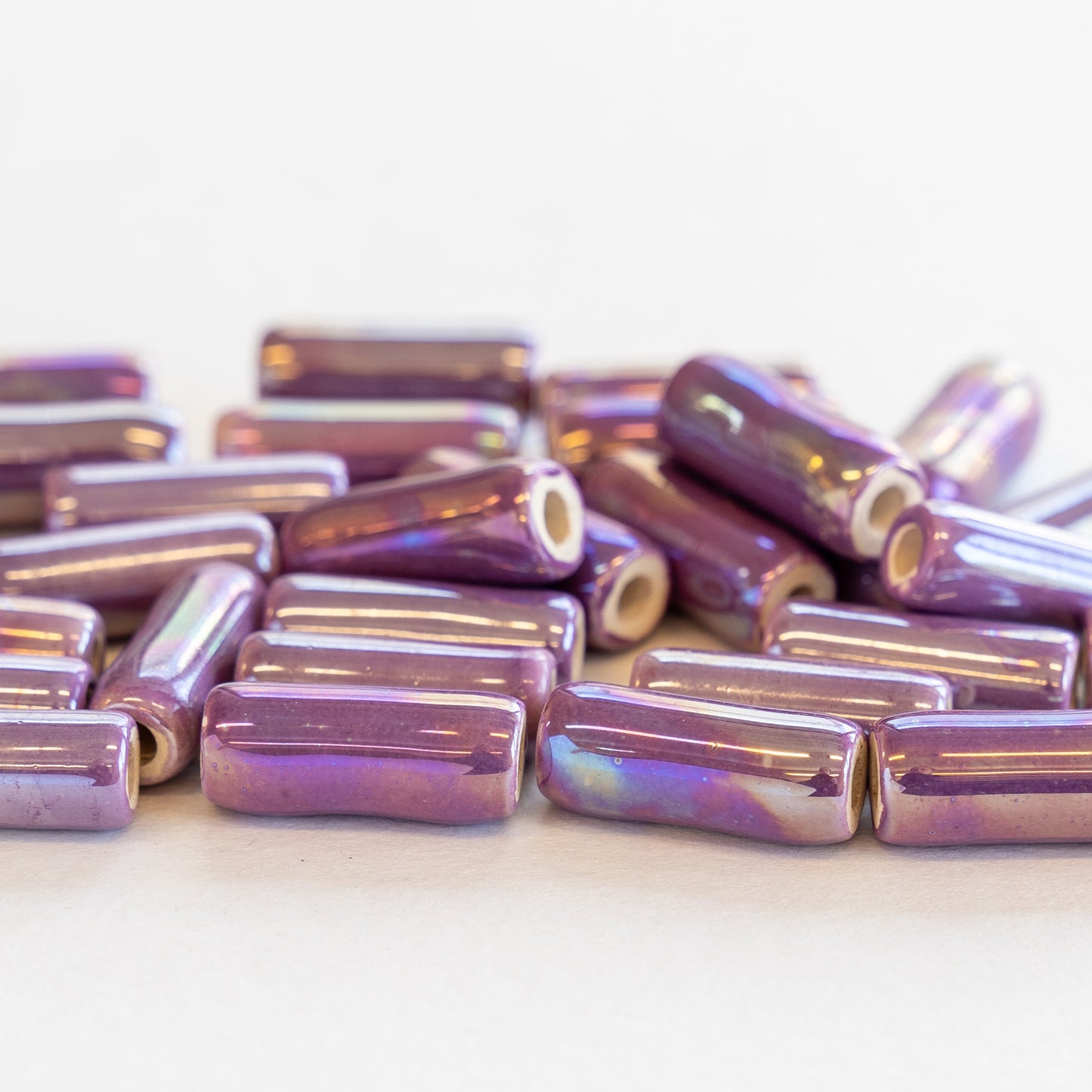 6x17mm Glazed Ceramic Tube Beads - Iridescent Purple Passion - 8 or 24