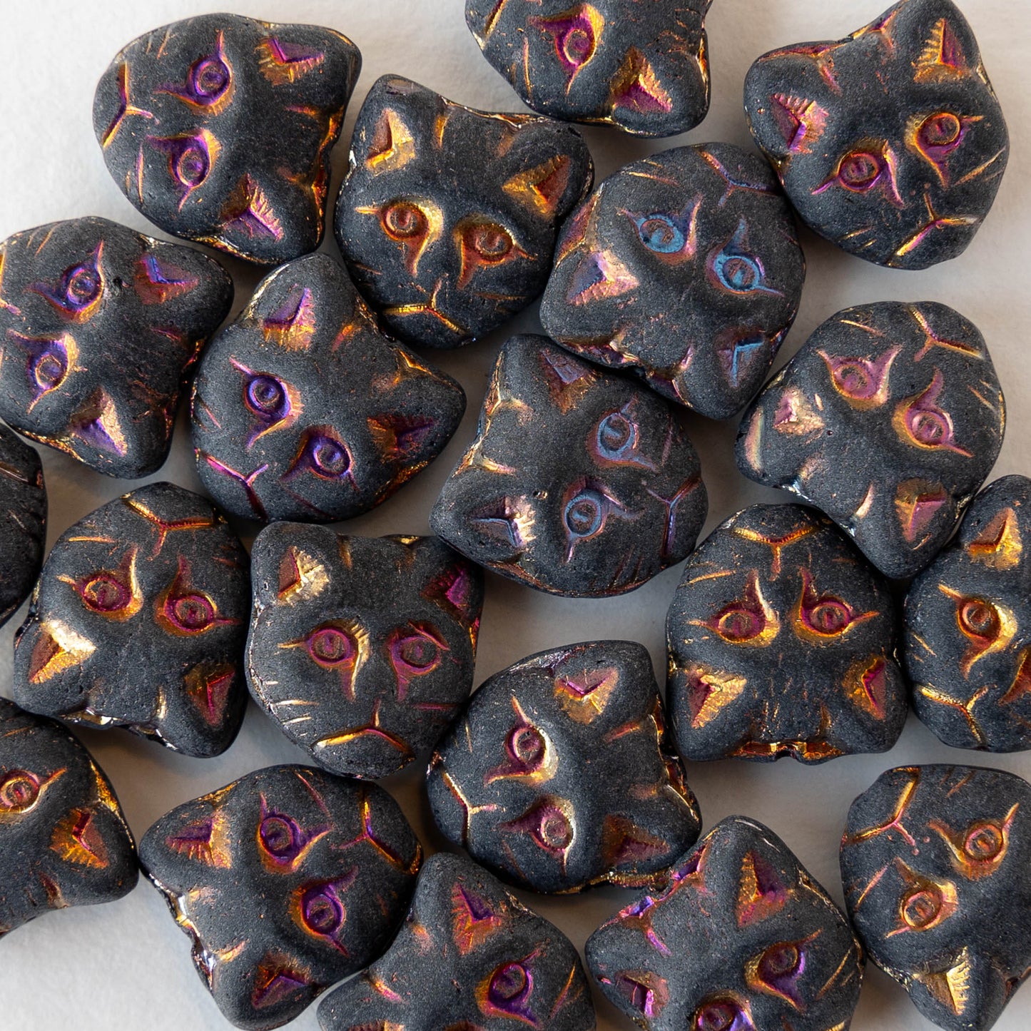 13mm Glass Cat Beads - Opaque Matte Black with Rainbow Finish - 10 beads