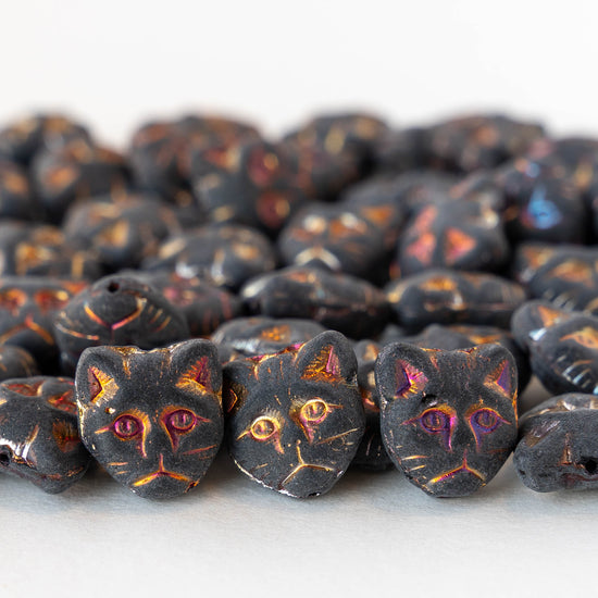 13mm Glass Cat Beads - Opaque Matte Black with Rainbow Finish - 10 beads