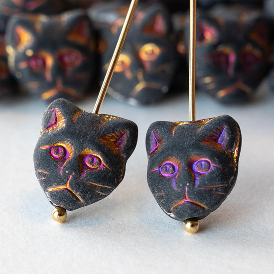 13mm Glass Cat Beads - Opaque Matte Black with Rainbow Finish - 10 beads