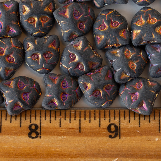 13mm Glass Cat Beads - Opaque Matte Black with Rainbow Finish - 10 beads