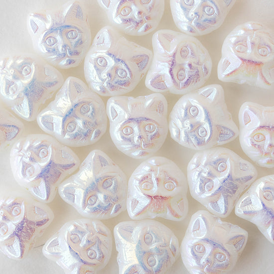 13mm Glass Cat Beads - Opaque White AB - 10 beads