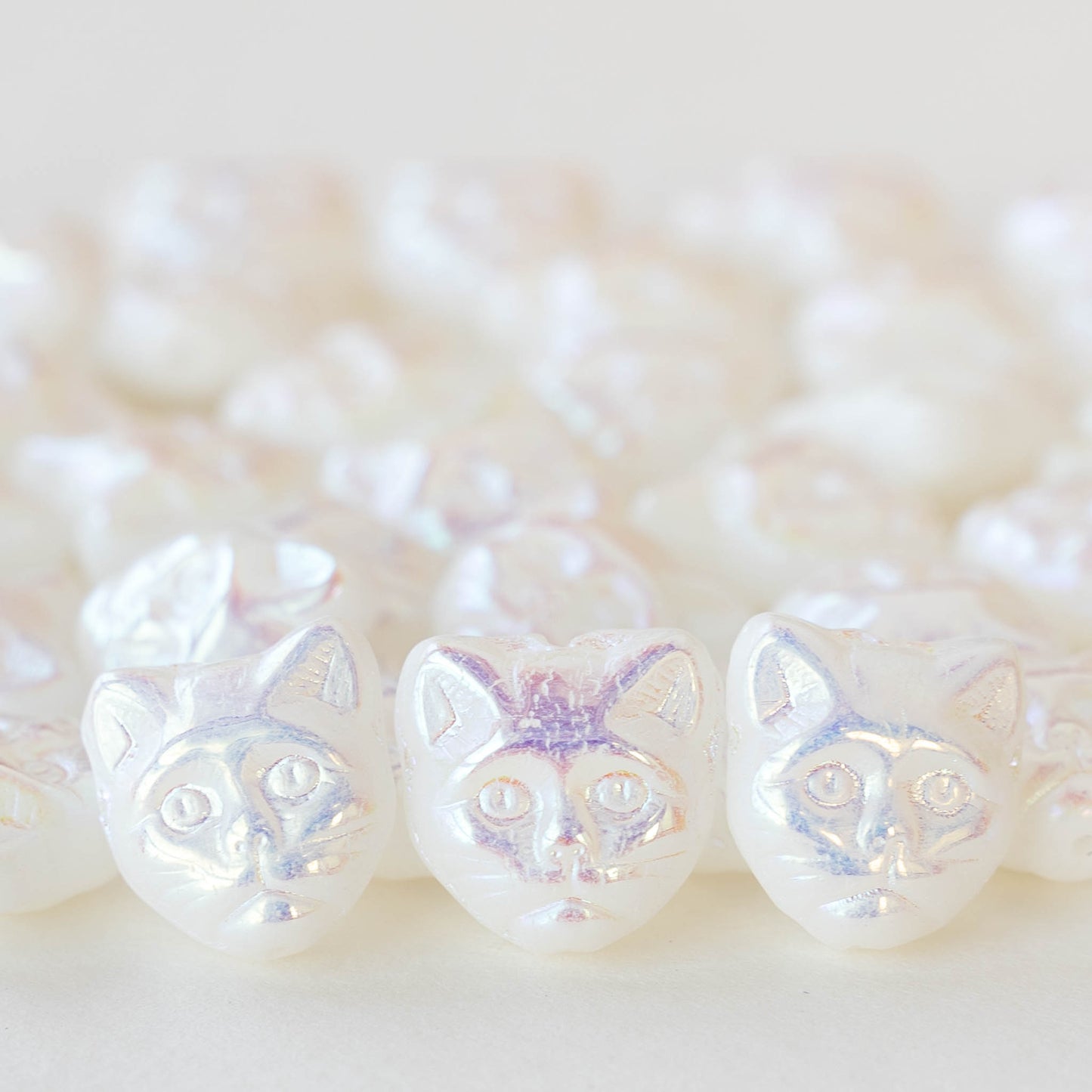 13mm Glass Cat Beads - Opaque White AB - 10 beads