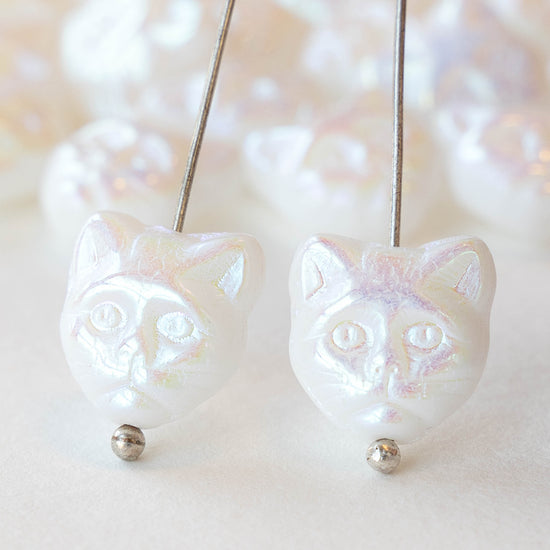 13mm Glass Cat Beads - Opaque White AB - 10 beads