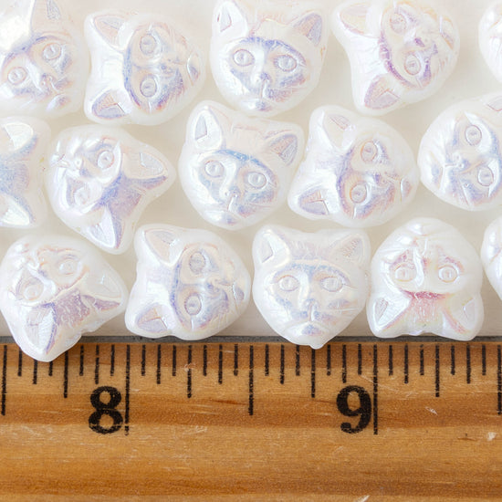 13mm Glass Cat Beads - Opaque White AB - 10 beads