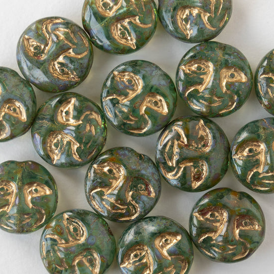 13mm Full Moon Coin Beads - Aqua Green with Picasso Finish and Gold Wash - 6 beads