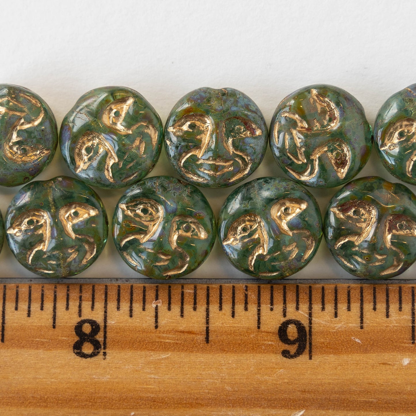 13mm Full Moon Coin Beads - Aqua Green with Picasso Finish and Gold Wash - 6 beads