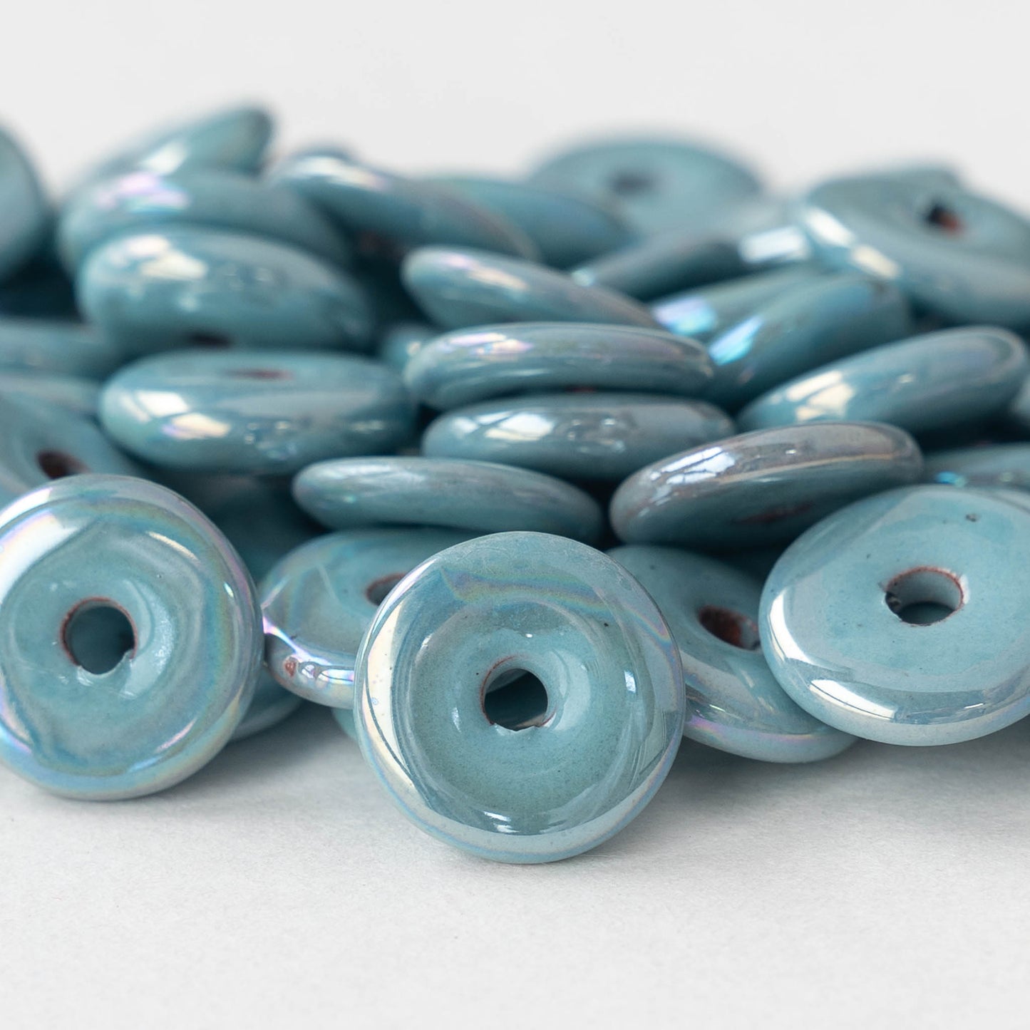 13mm Glazed Ceramic Disk Beads - Iridescent Light Blue - 6 or 18 beads
