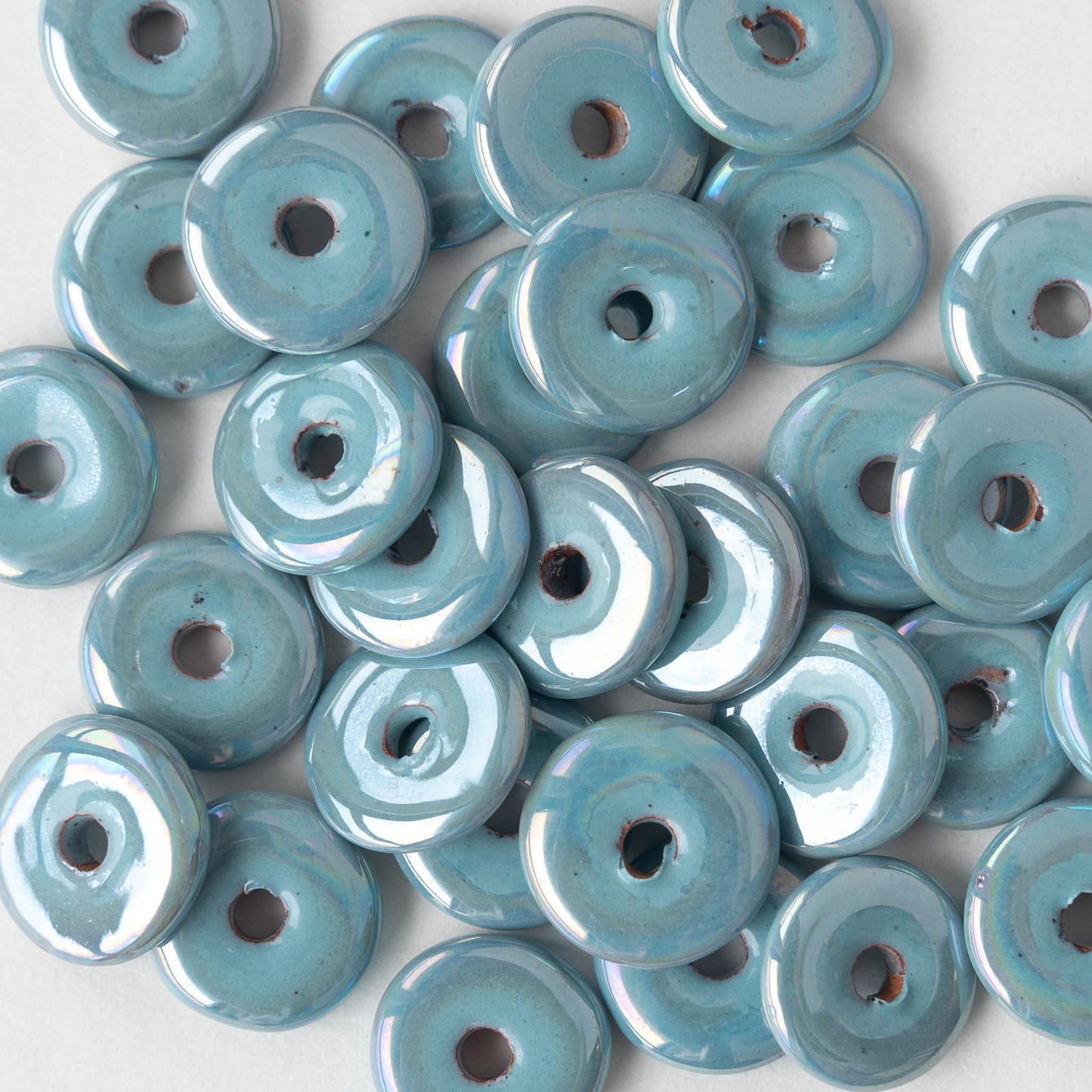 13mm Glazed Ceramic Disk Beads - Iridescent Light Blue - 6 or 18 beads