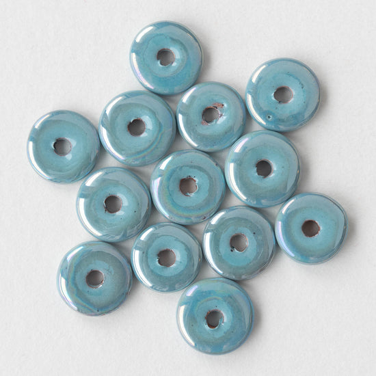 13mm Glazed Ceramic Disk Beads - Iridescent Light Blue - 6 or 18 beads