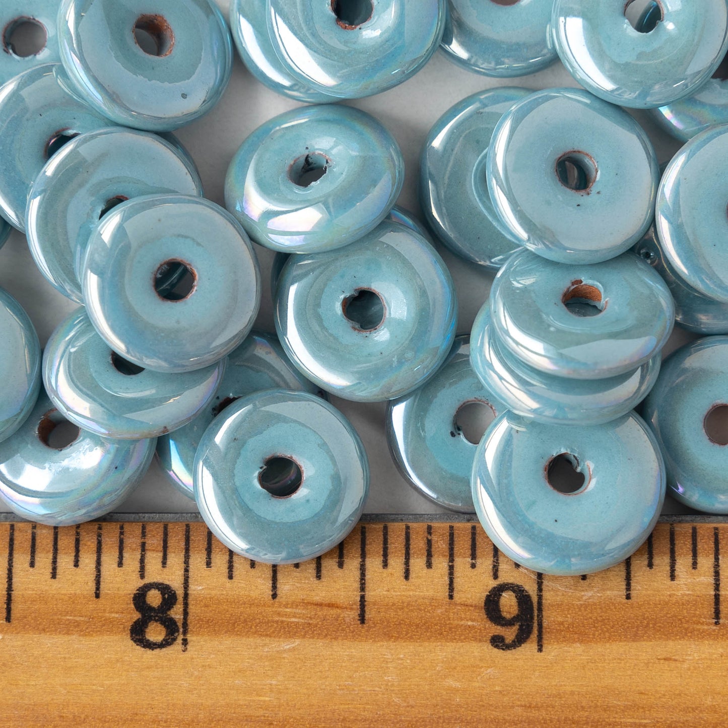 13mm Glazed Ceramic Disk Beads - Iridescent Light Blue - 6 or 18 beads