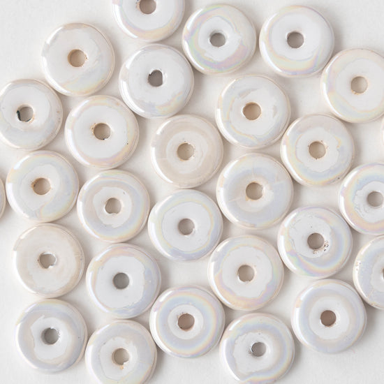 Load image into Gallery viewer, 13mm Glazed Ceramic Disk Beads - Iridescent Ivory Opal - 6 or 18 beads
