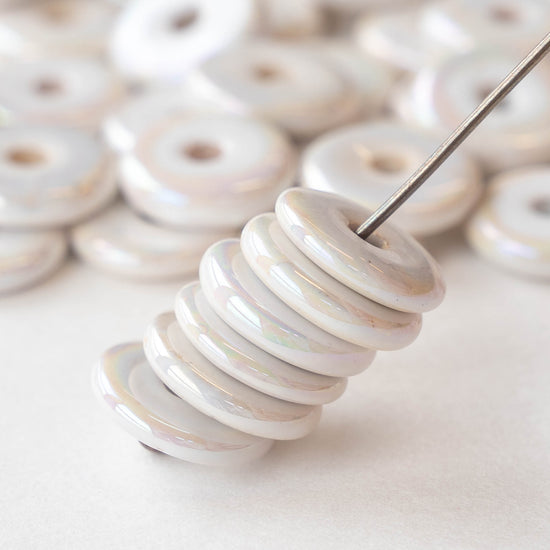 13mm Glazed Ceramic Disk Beads - Iridescent Ivory Opal - 6 or 18 beads