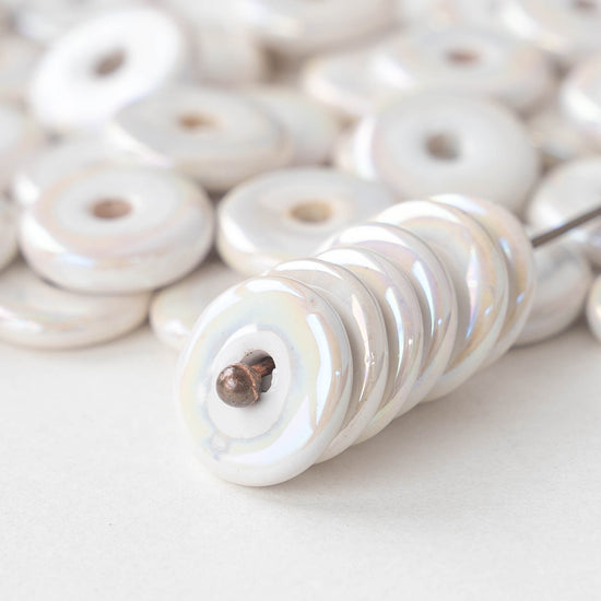 13mm Glazed Ceramic Disk Beads - Iridescent Ivory Opal - 6 or 18 beads