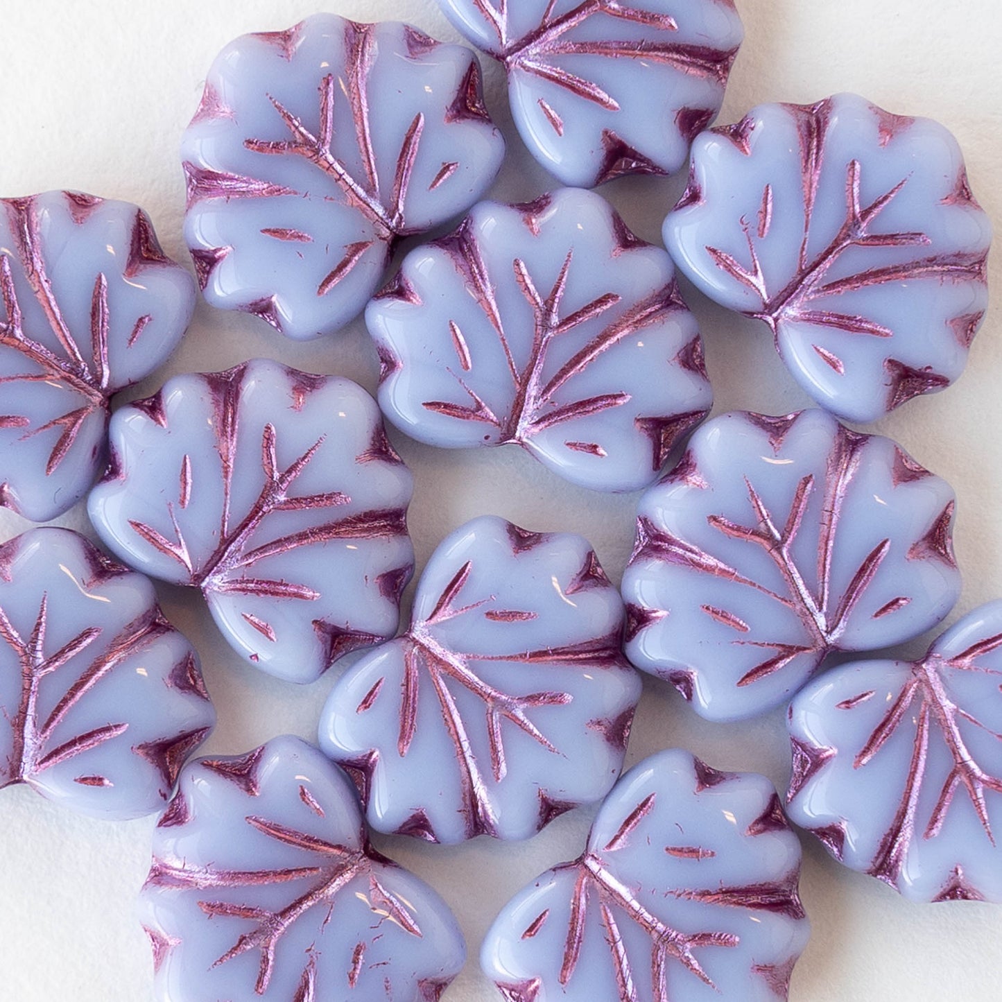 13mm Glass Leaf Beads - Opaque Lavender with Purple Wash - 12 beads