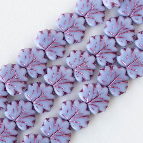 13mm Glass Leaf Beads - Opaque Lavender with Purple Wash - 12 beads