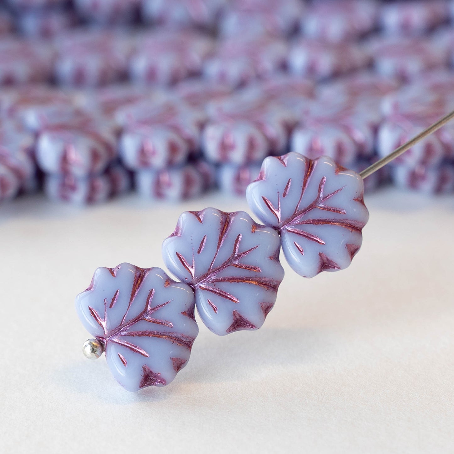 13mm Glass Leaf Beads - Opaque Lavender with Purple Wash - 12 beads