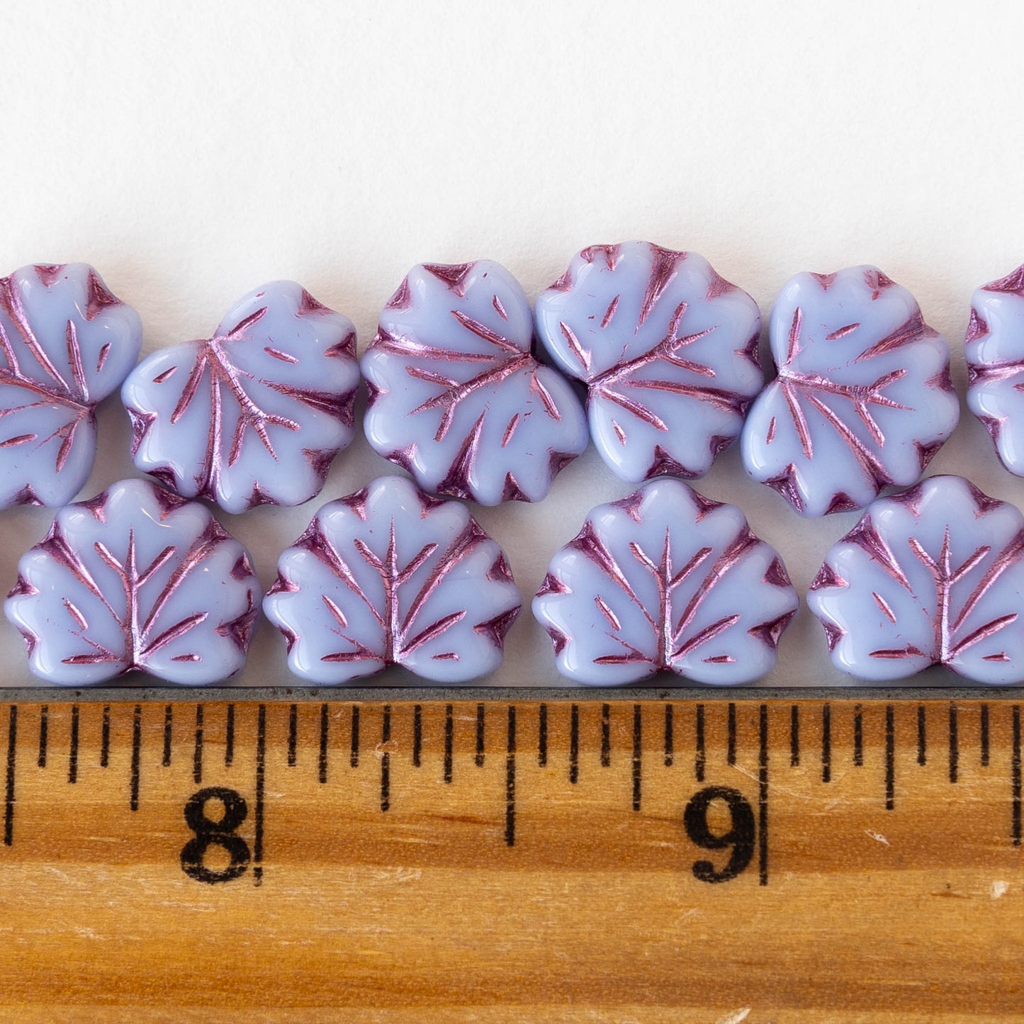 13mm Glass Leaf Beads - Opaque Lavender with Purple Wash - 12 beads