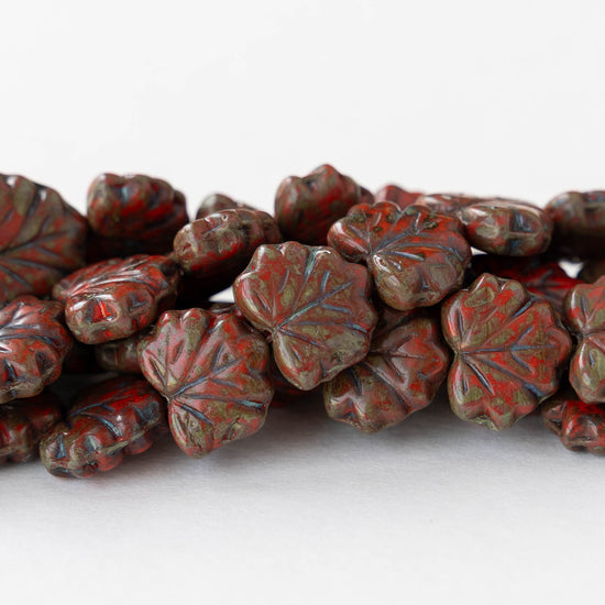 13mm Glass Maple Leaf Beads - Red Picasso - 6 or 12 beads