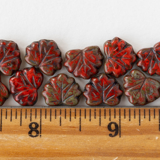 13mm Glass Maple Leaf Beads - Red Picasso - 6 or 12 beads