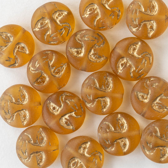 13mm Full Moon Glass Coin Beads - Matte Amber with Gold Wash - 15 beads