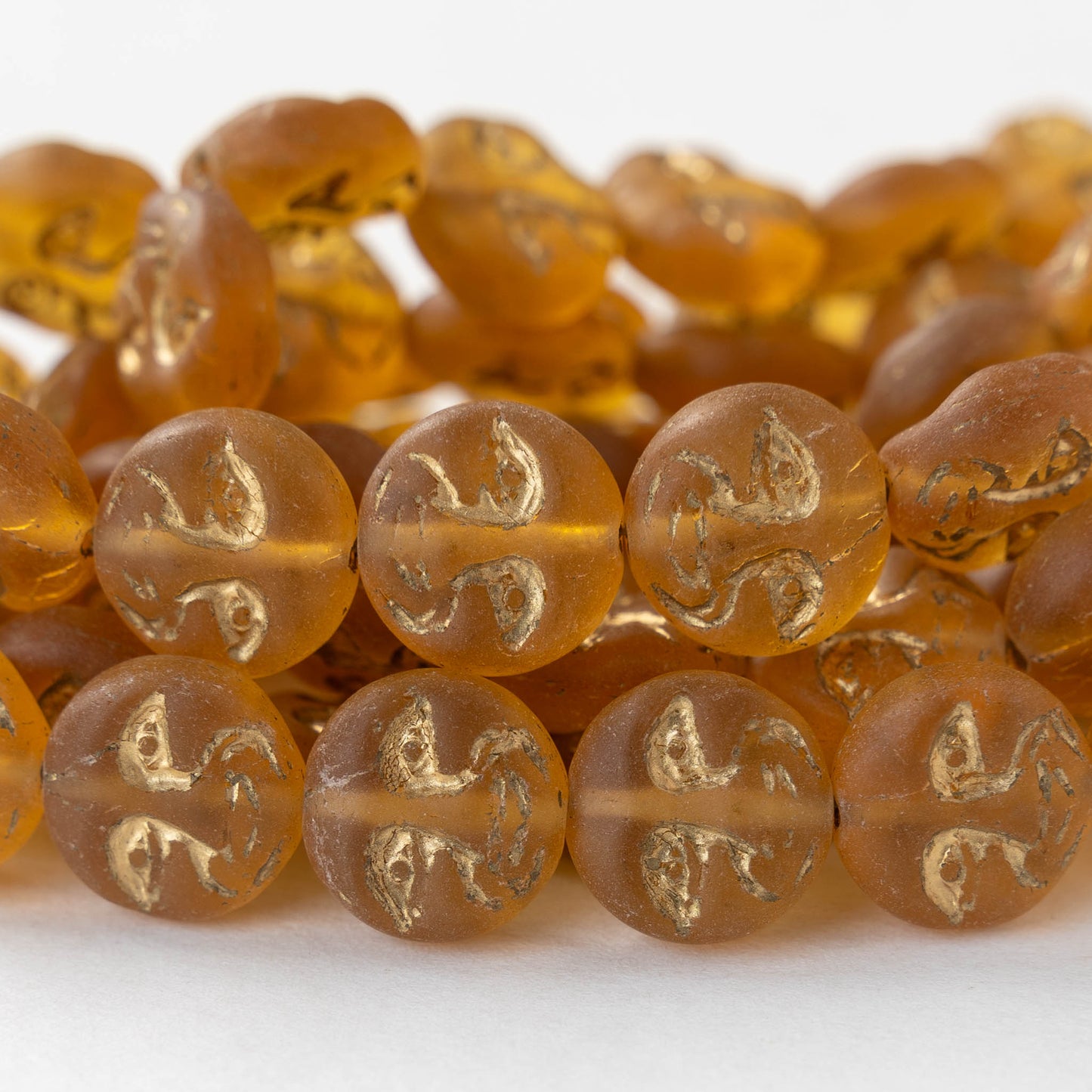 13mm Full Moon Glass Coin Beads - Matte Amber with Gold Wash - 15 beads