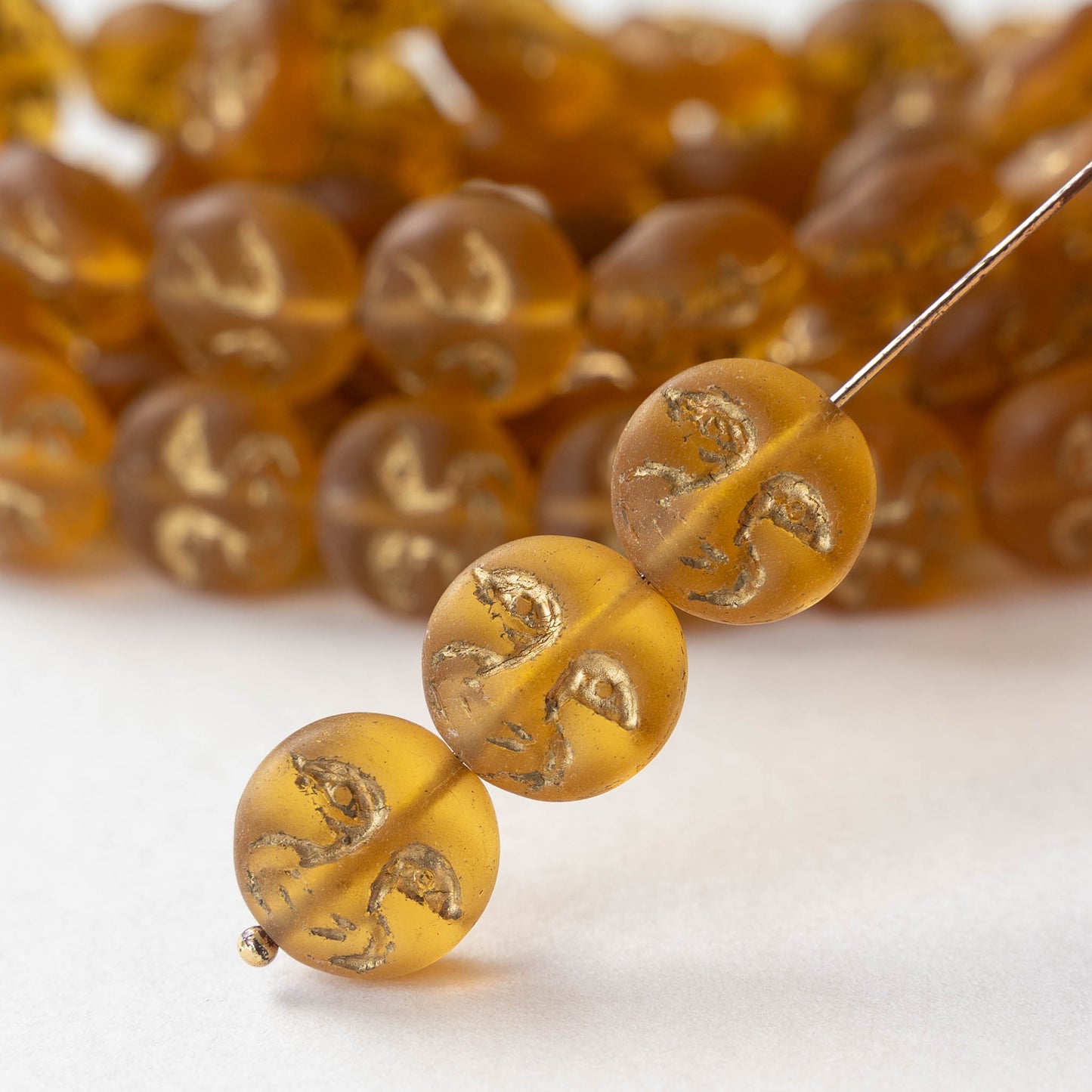 13mm Full Moon Glass Coin Beads - Matte Amber with Gold Wash - 15 beads