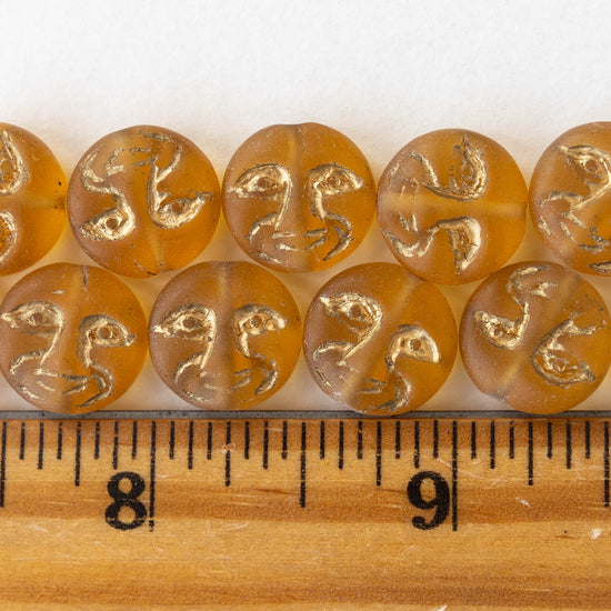 13mm Full Moon Glass Coin Beads - Matte Amber with Gold Wash - 15 beads