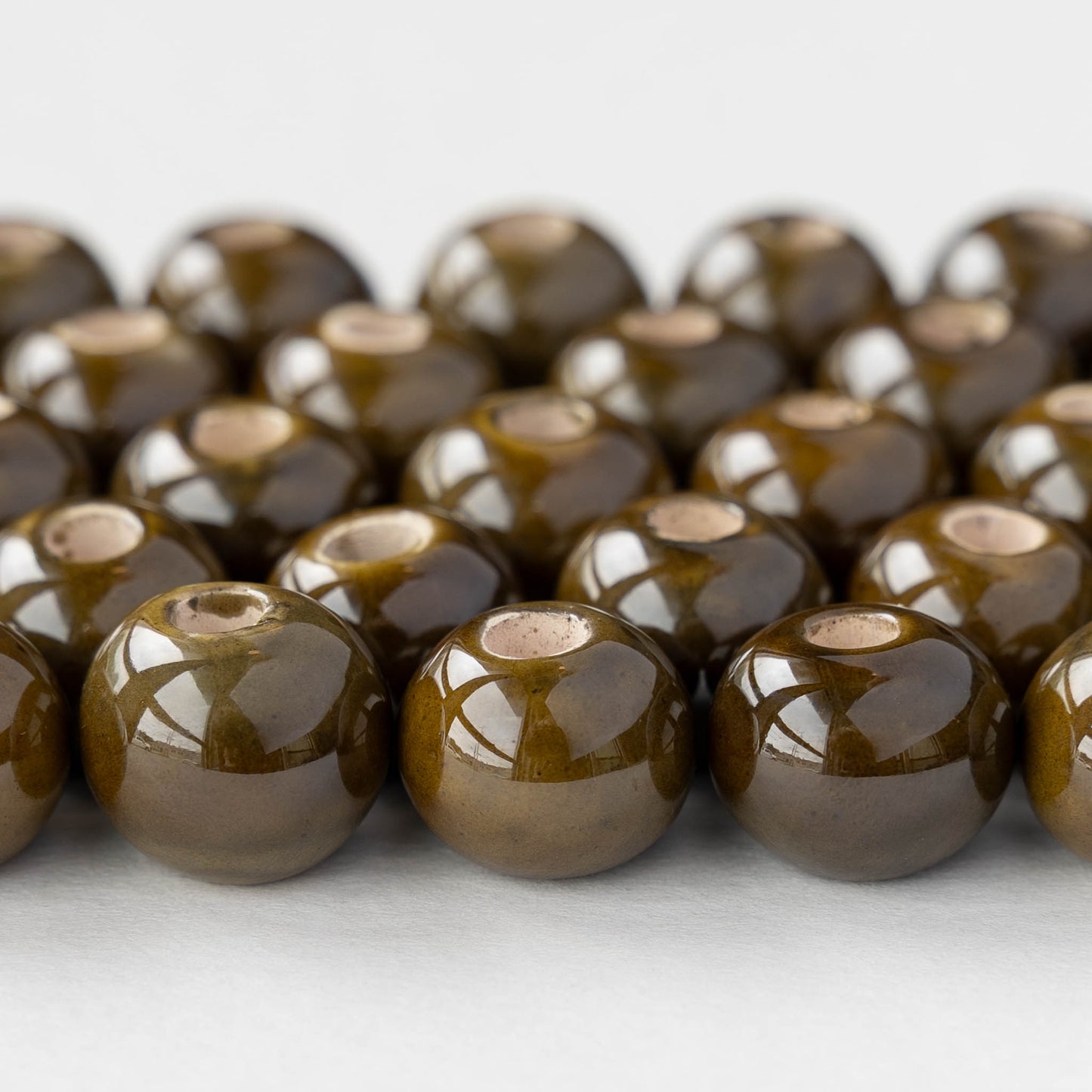 10-13mm Glazed Ceramic Round Beads - Olive - 6 or 18 beads