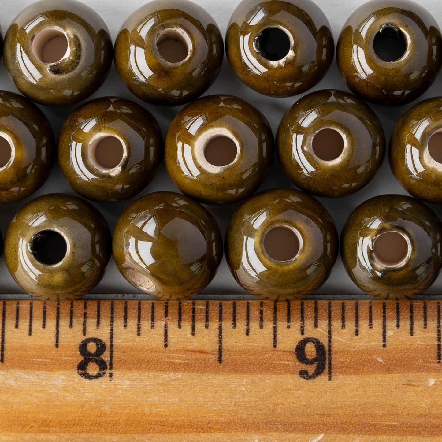 10-13mm Glazed Ceramic Round Beads - Olive - 6 or 18 beads