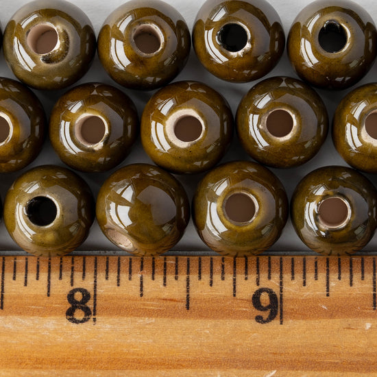 10-13mm Glazed Ceramic Round Beads - Olive - 6 or 18 beads