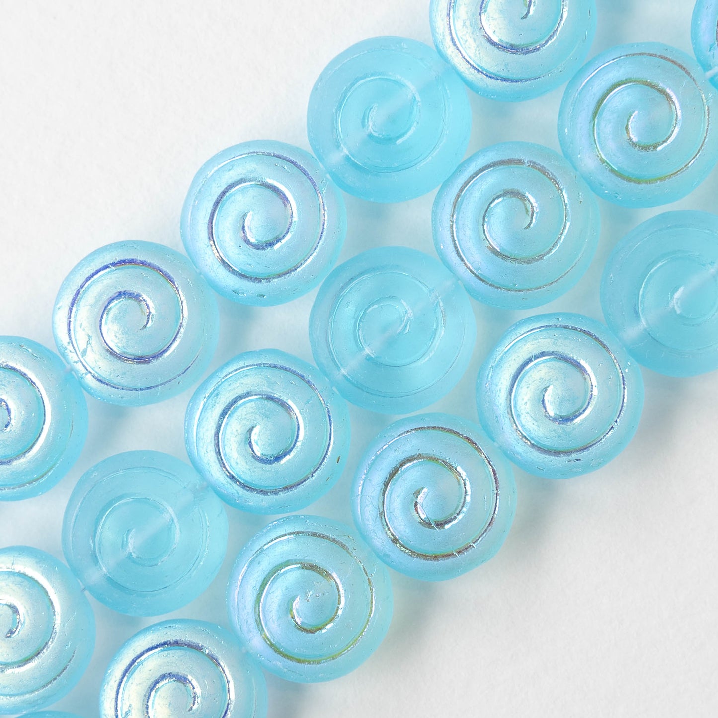 13mm Spiral Coin Beads - Matte Aqua AB - 10 beads