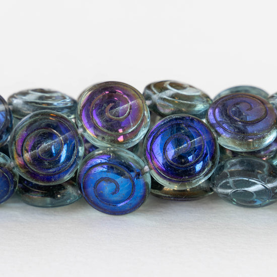 13mm Spiral Coin Beads - Aqua Azuro - 10 beads