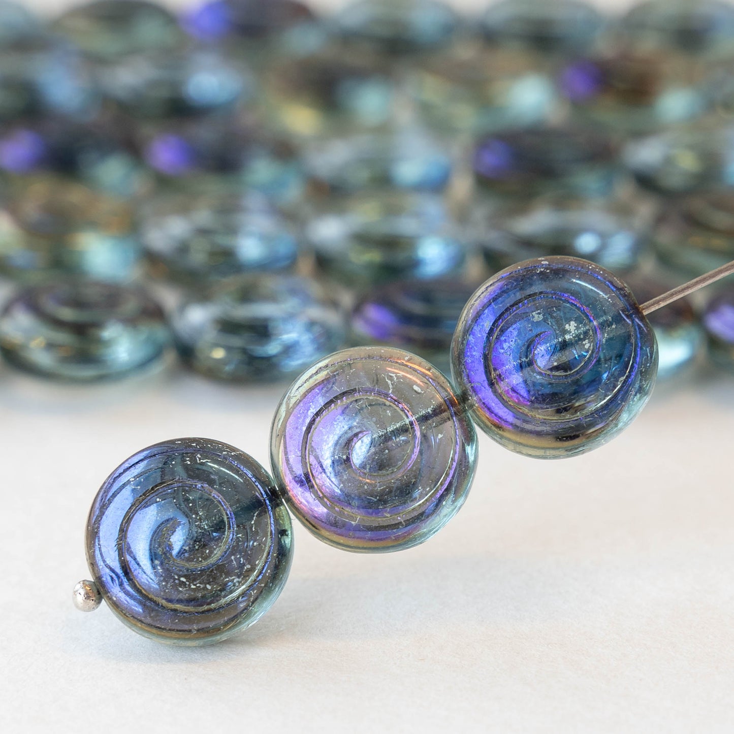 13mm Spiral Coin Beads - Aqua Azuro - 10 beads