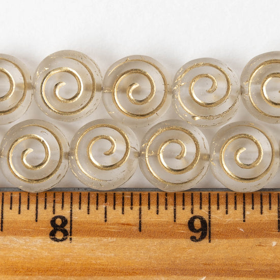 13mm Spiral Coin Beads - Crystal with Gold Wash - 10 beads